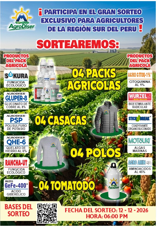 Bases del sorteo Agrodiser - diciembre 2026: 04 packs agrícolas, 04 casacas, 04 polos y 04 tomatodos. Fecha del sorteo: 12-12-2026, 6:00 PM
